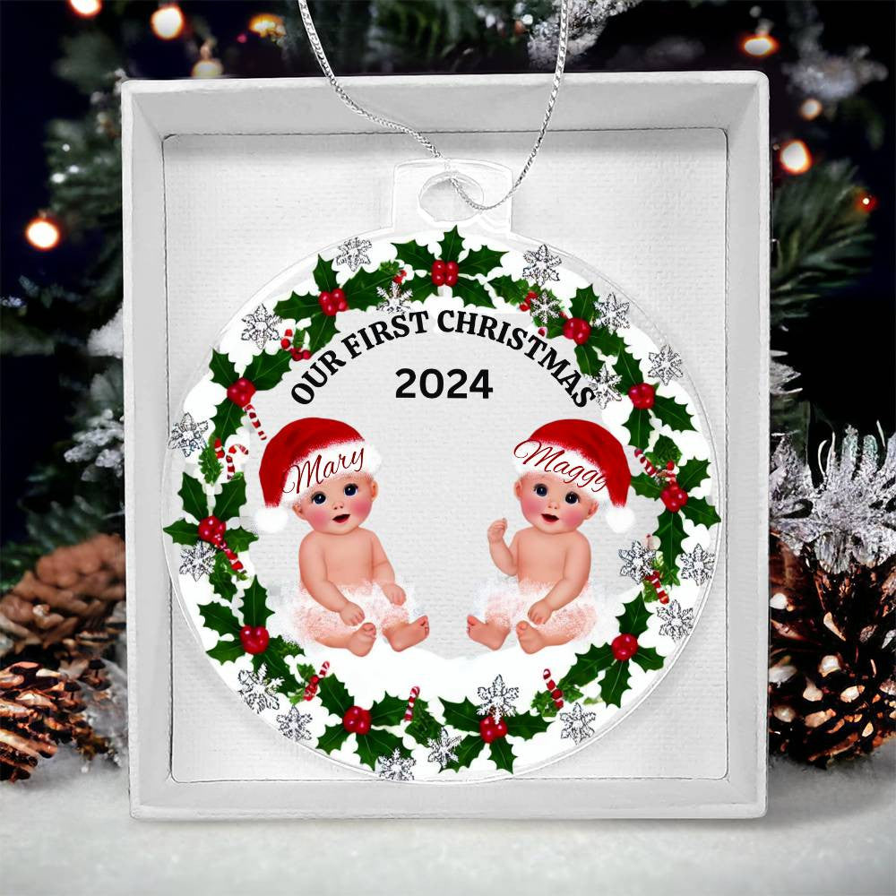 Custom Gift For Twin Girls First Christmas Ornament for Newborn Daughters With Their Names Year Holiday Tree Acrylic Family Keepsake Plaque