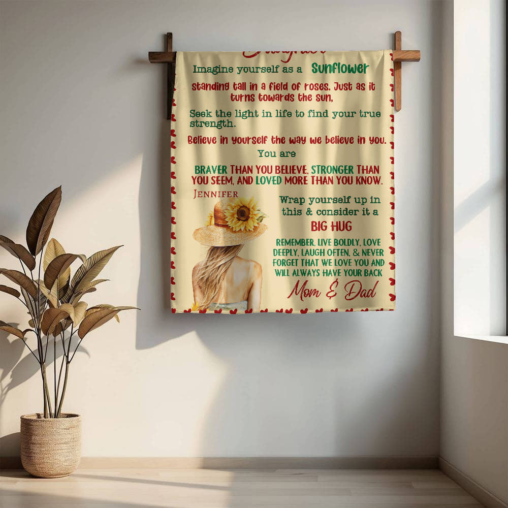 A Sunflower letter type Blanket for Our Daughter from Mom and Dad, Sherpa or Fleece