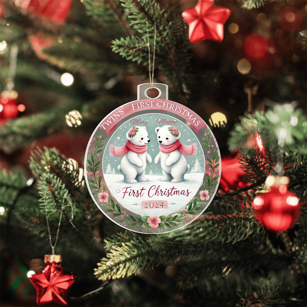 First Christmas Ornament For Twin Girls Custom Gift For Newborn Babies Names Year Holiday Family Acrylic Polar Bear Tree Decor Present
