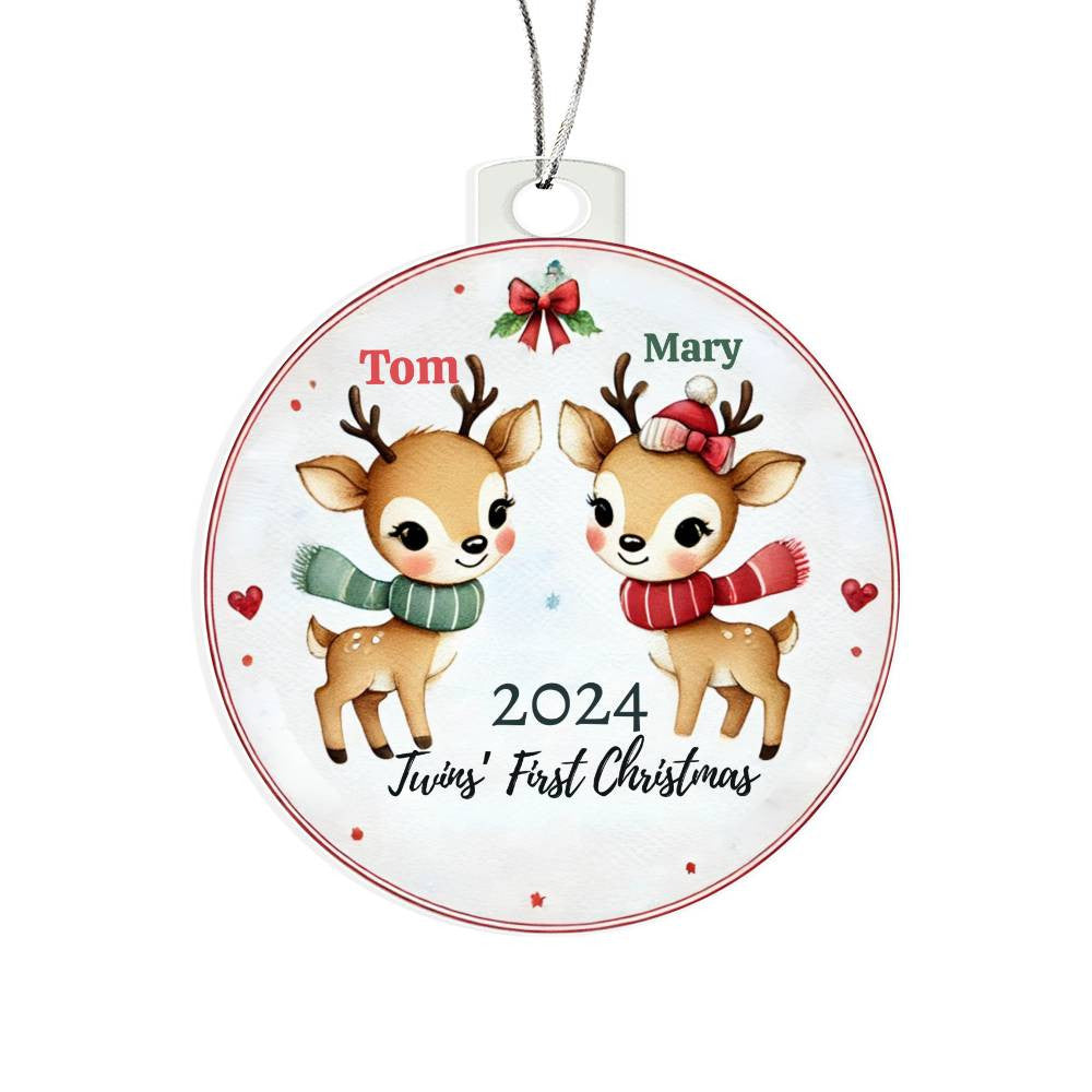 Personalized Ornament For Twin Girl Boy First Christmas Newborn Babies Custom Names Year Holiday SonDaughter Deer Family Keepsake Tree Décor