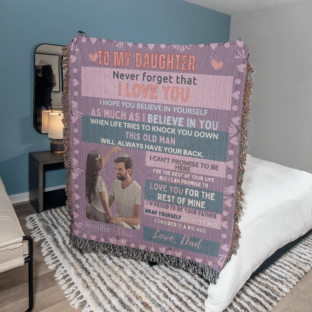 To My Daughter from Dad Blue Heirloom Woven Blanket Photo Name