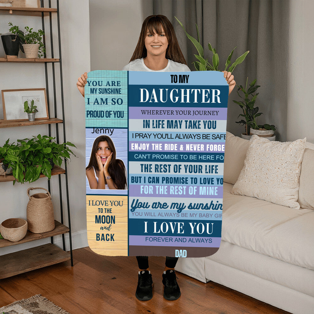A Daughter from Dad photo name heirloom, sherpa or fleece blanket blue