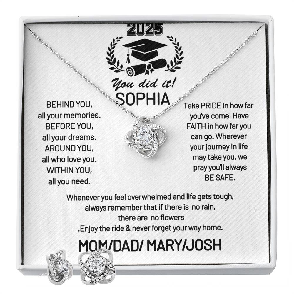 Love Knot Earring & Necklace Set FOR a loved graduating daughter
