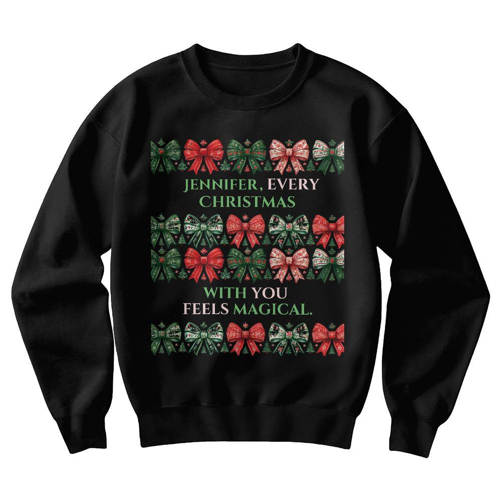Personalized Christmas sweatshirt for wife funny coquette custom names white crewneck bow shirt for girlfriend cute winter sweater love gift