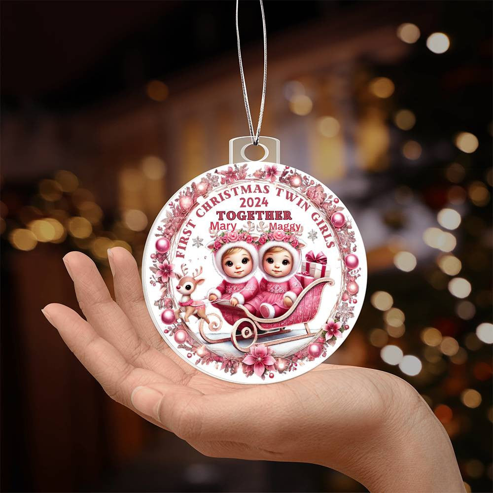 Custom Gift For Twin Girls First Christmas Ornament for Newborn Daughters With Their Names Year Holiday Tree Acrylic Family Keepsake Plaque