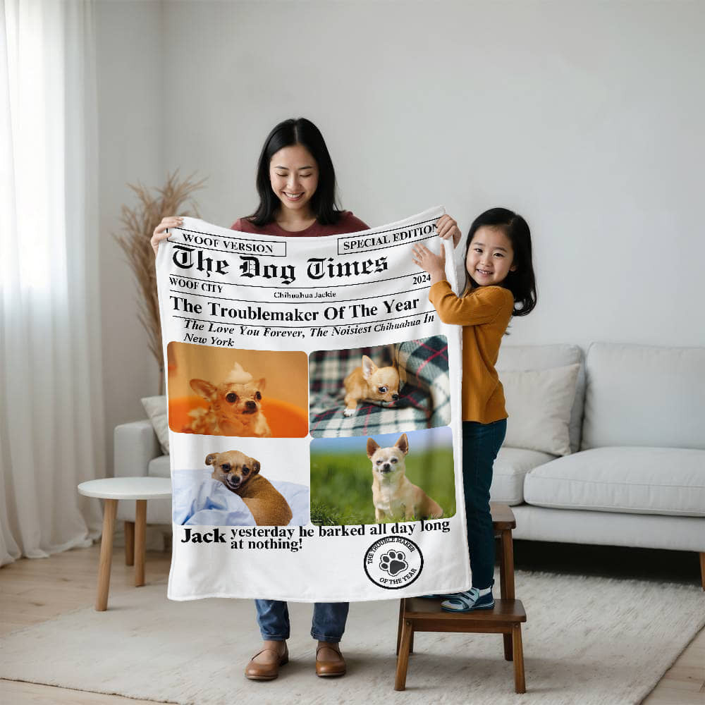 A Personalized Five Photos Newspaper Dog Sherpa or Fleece Blanket