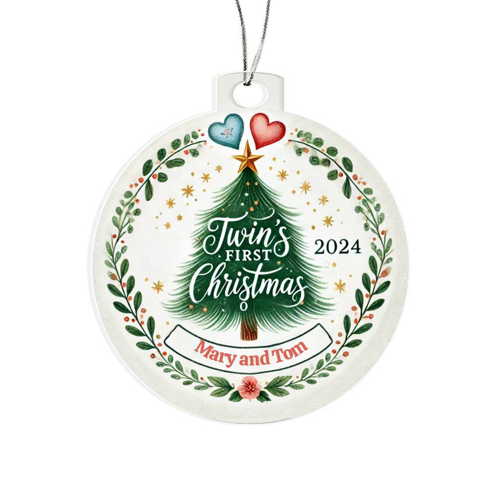 Custom Ornament For Twin Girl Boy First Christmas Newborn Babies Custom Names Year Holiday Son Daughter Family Keepsake Tree Heart Décor
