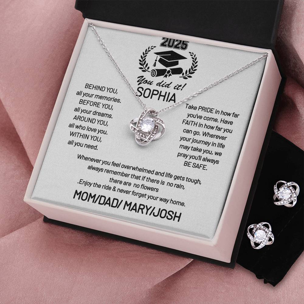 Love Knot Earring & Necklace Set FOR a loved graduating daughter