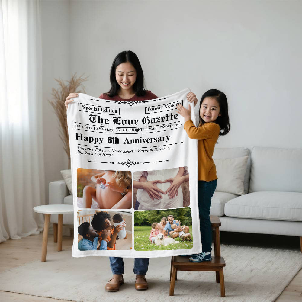 A Newspaper Personalized Anniversary Love Blanket, Choose from Sherpa or Fleece Type
