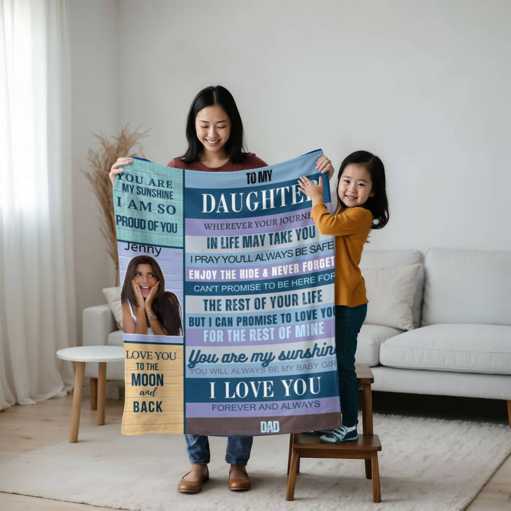 A Daughter from Dad photo name heirloom, sherpa or fleece blanket blue