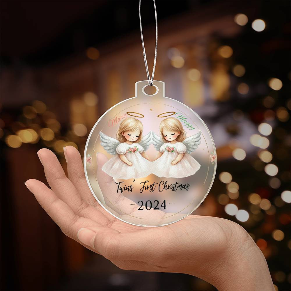 Personalized Ornament For Twin Girls First Christmas Newborn Daughters Custom Names Year Holiday Keepsake Family Celebration Angels Decor