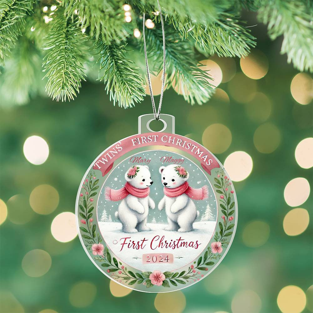 First Christmas Ornament For Twin Girls Custom Gift For Newborn Babies Names Year Holiday Family Acrylic Polar Bear Tree Decor  Present
