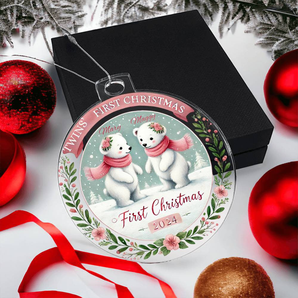 First Christmas Ornament For Twin Girls Custom Gift For Newborn Babies Names Year Holiday Family Acrylic Polar Bear Tree Decor  Present