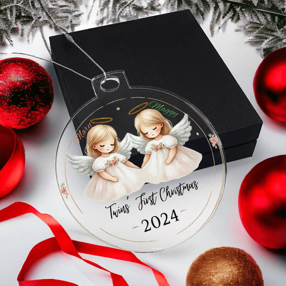 Personalized Ornament For Twin Girls First Christmas Newborn Daughters Custom Names Year Holiday Keepsake Family Celebration Angels Decor