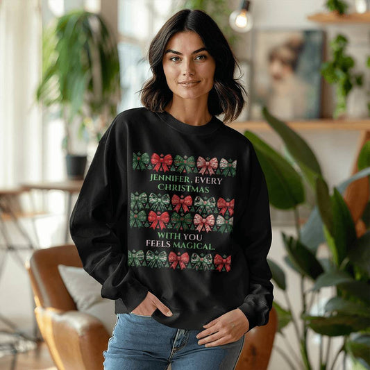 Customized Christmas sweatshirt for girlfriend funny coquette custom names white crewneck bow wife shirt cute chinoiserie sweater love gift