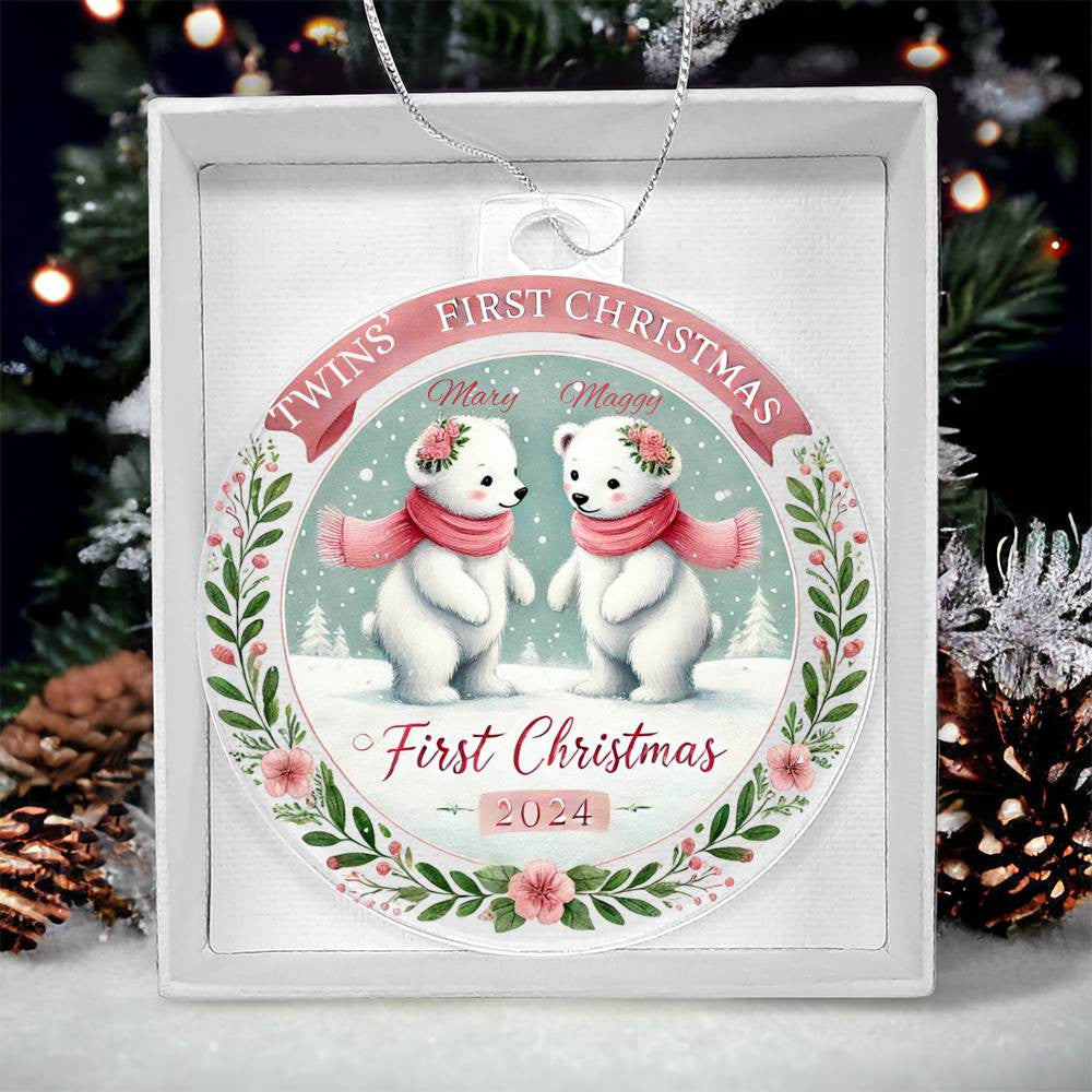 First Christmas Ornament For Twin Girls Custom Gift For Newborn Babies Names Year Holiday Family Acrylic Polar Bear Tree Decor  Present