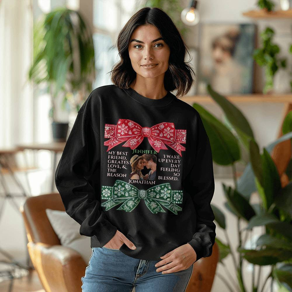 Personalized Christmas sweatshirt for wife coquette custom photo names white crewneck bow shirt for girlfriend cute winter sweater love gift