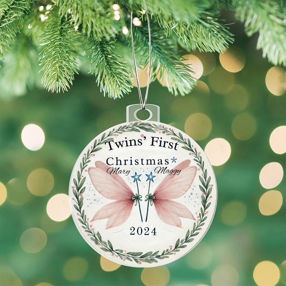 Twin Girls First Christmas Ornament Custom Gift For Newborn Babies Personalized Names Year Magic Wand Acrylic Tree Decor Family Keepsake