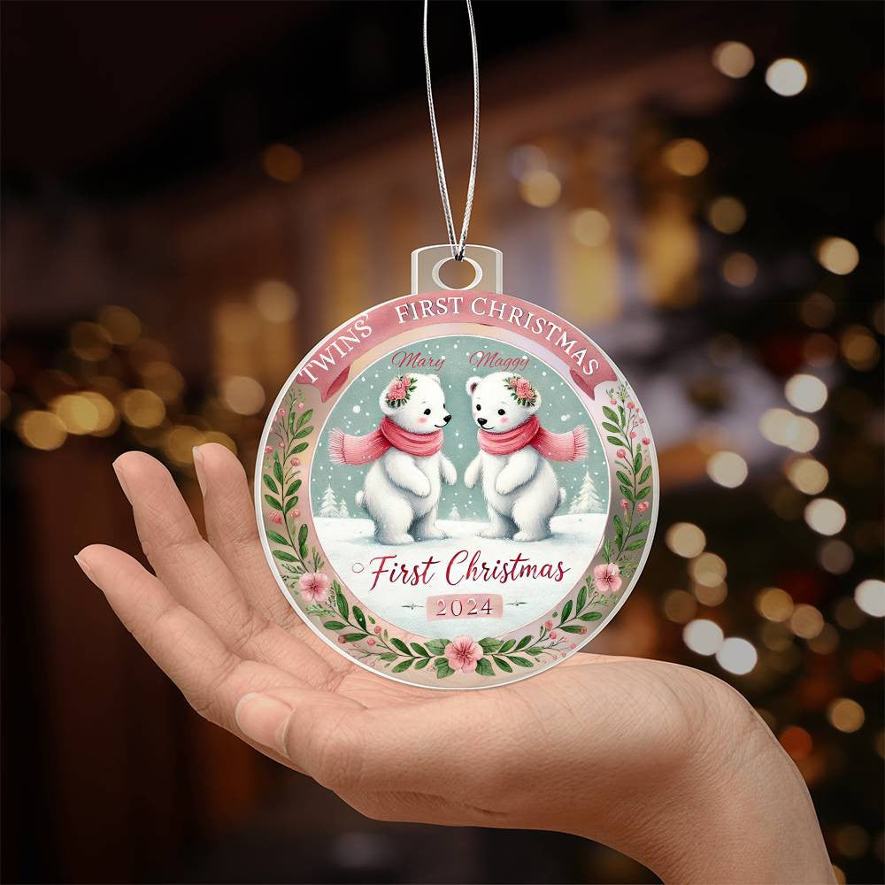First Christmas Ornament For Twin Girls Custom Gift For Newborn Babies Names Year Holiday Family Acrylic Polar Bear Tree Decor  Present