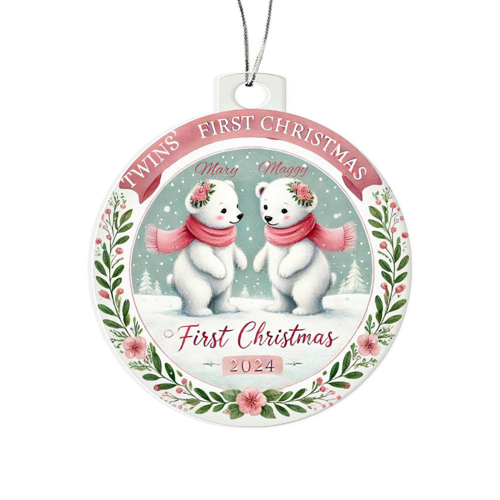 First Christmas Ornament For Twin Girls Custom Gift For Newborn Babies Names Year Holiday Family Acrylic Polar Bear Tree Decor  Present