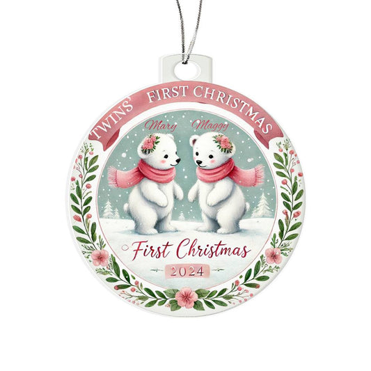 First Christmas Ornament For Twin Girls Custom Gift For Newborn Babies Names Year Holiday Family Acrylic Polar Bear Tree Decor  Present