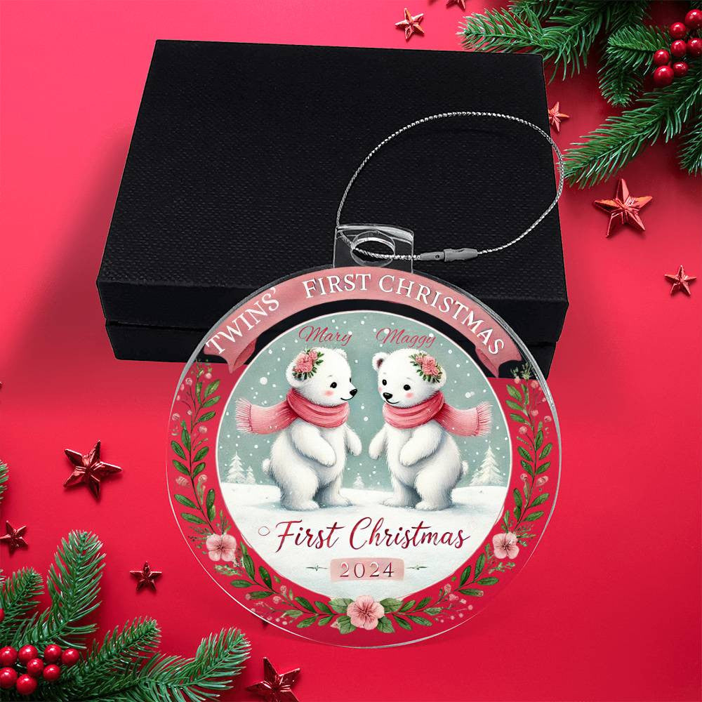 First Christmas Ornament For Twin Girls Custom Gift For Newborn Babies Names Year Holiday Family Acrylic Polar Bear Tree Decor  Present