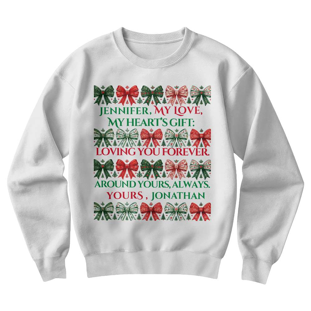 Customized Christmas sweatshirt for girlfriend funny coquette custom names white crewneck bow wife shirt cute chinoiserie sweater love gift