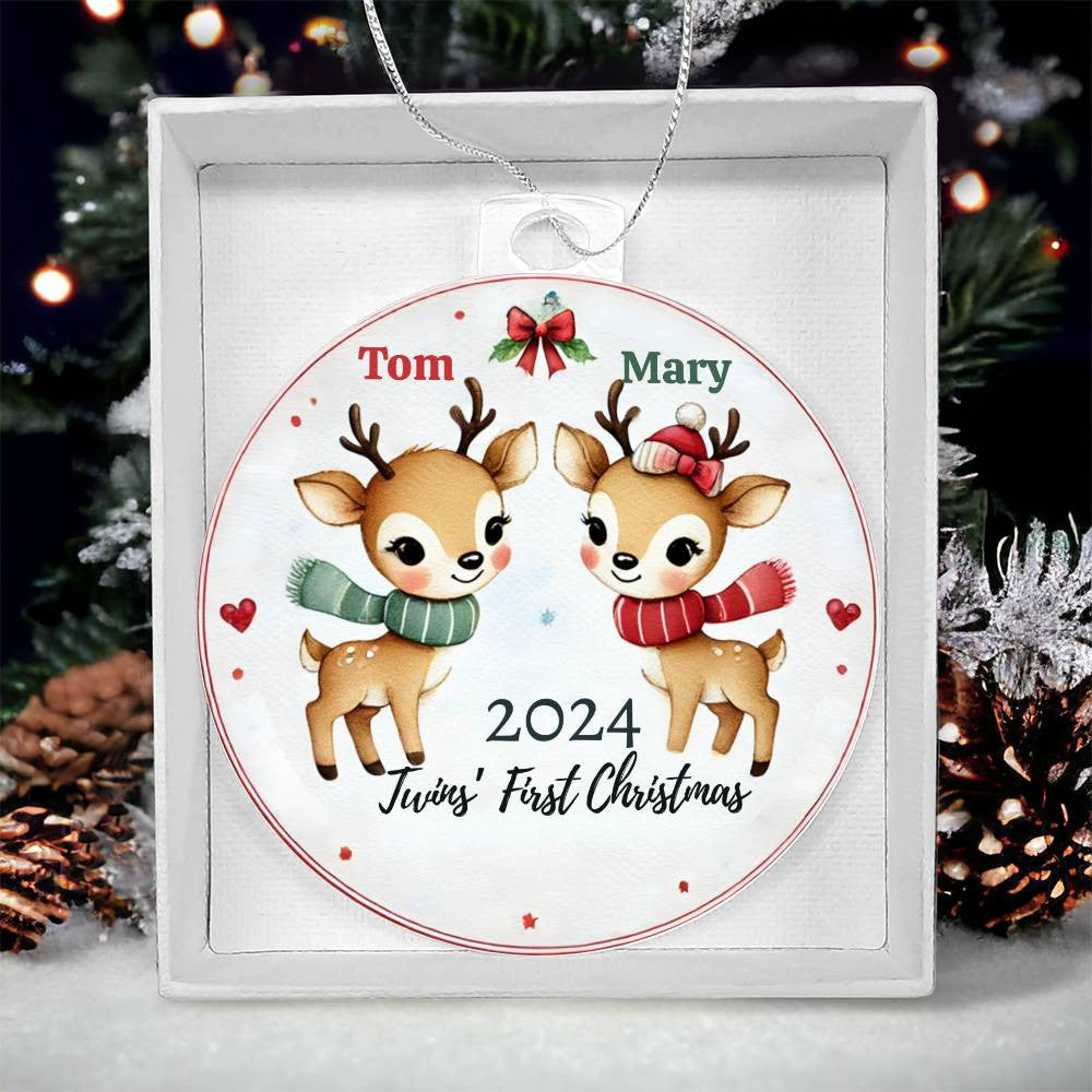 Twin Girl Boy First Christmas Ornament Custom Gift For Newborn Babies Personalized Names Year Holiday Tree Decor Family Keepsake  Acrylic