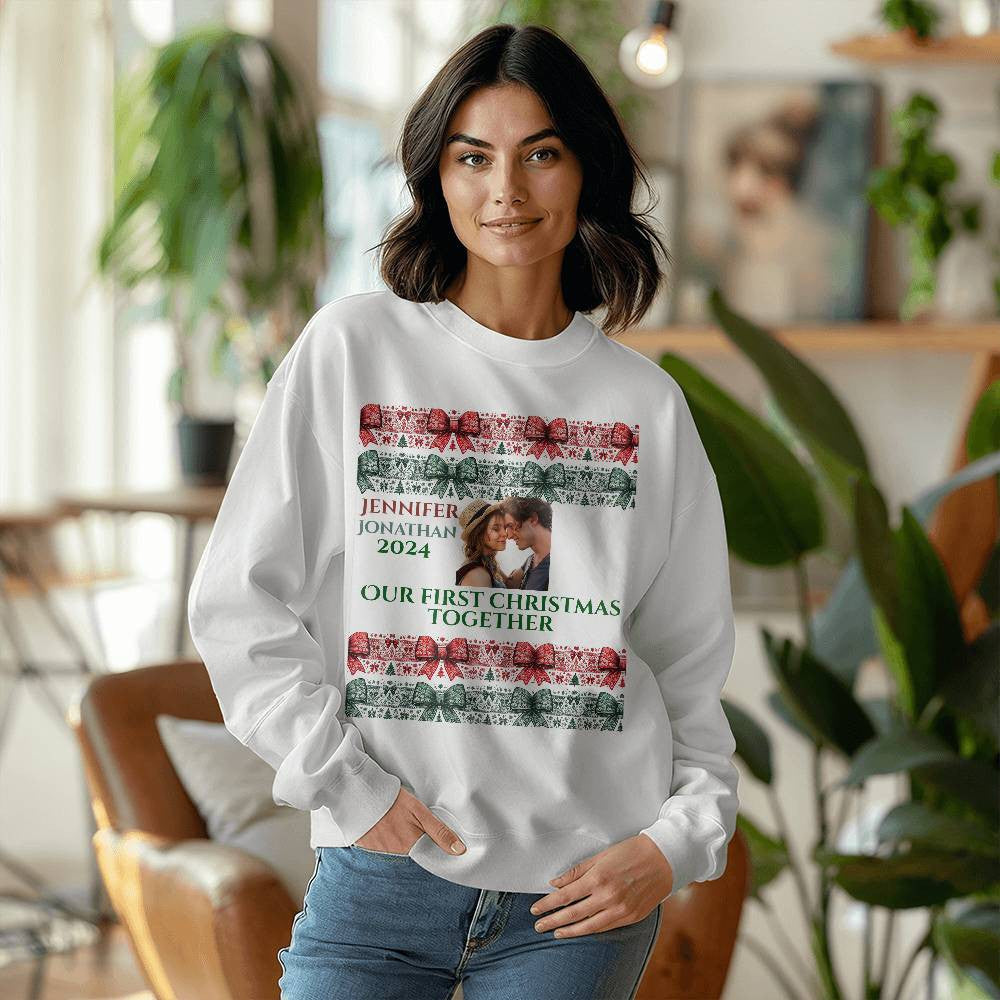 Personalized Christmas sweatshirt for wife coquette custom photo names white crewneck bow shirt for girlfriend cute winter sweater love gift