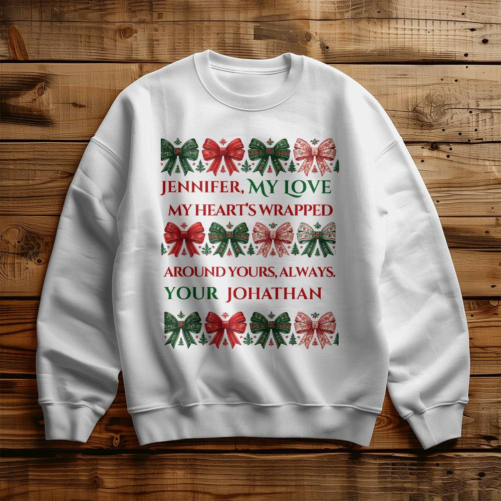 Customized Christmas sweatshirt for girlfriend funny coquette custom names white crewneck bow wife shirt cute chinoiserie sweater love gift