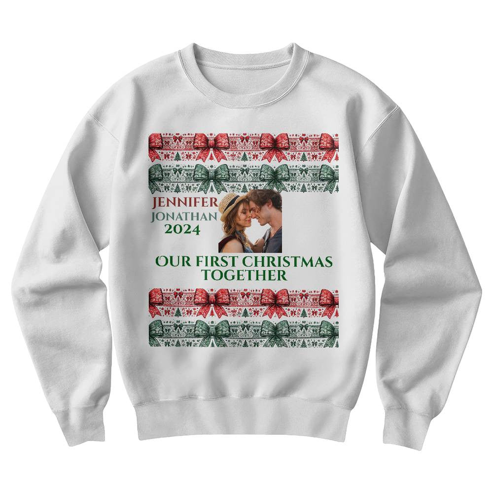 Customized Christmas sweatshirt for girlfriend funny coquette custom names white crewneck bow wife shirt cute chinoiserie sweater love gift