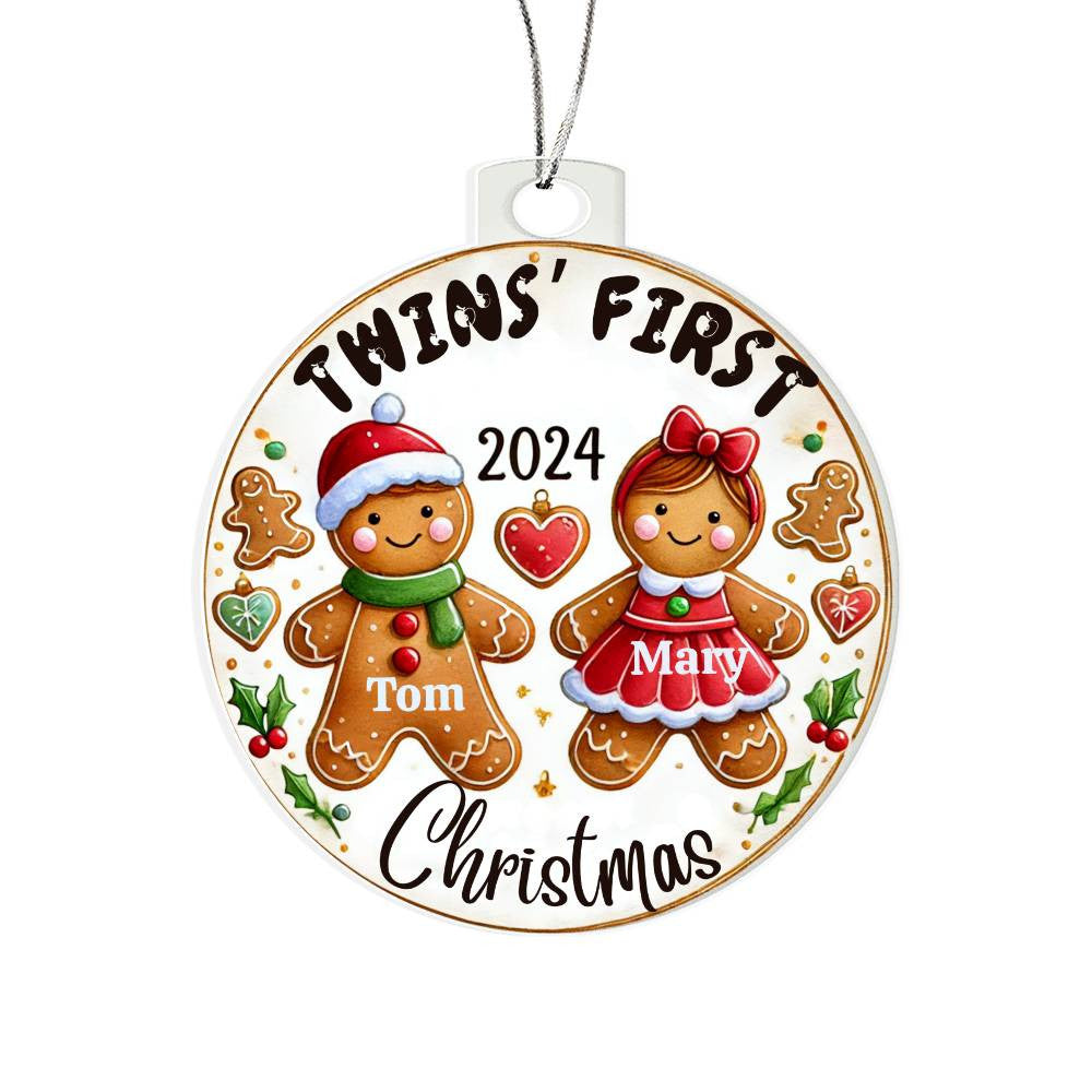 Custom Ornament For Twin Girl Boy First Christmas Babies Custom Son Daughter Names Year Holiday Keepsake Family Gingerbread Tree Acrylic