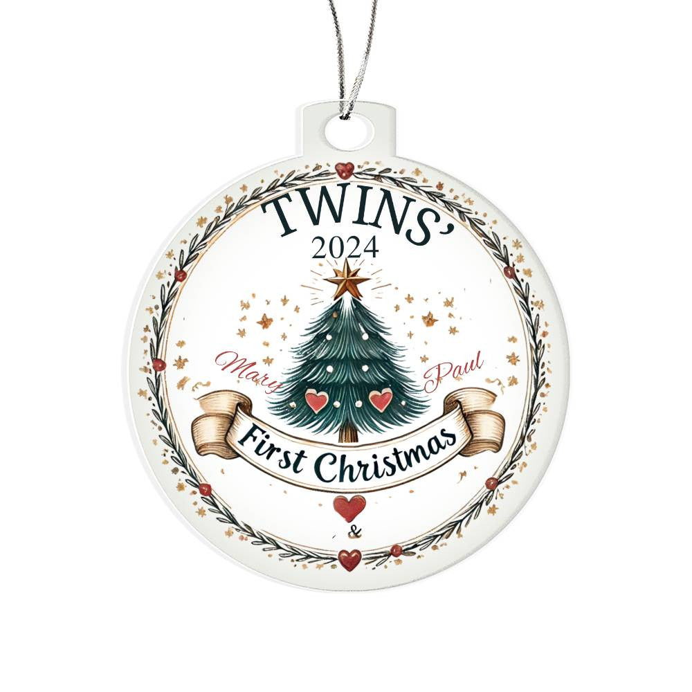 Twin Girl Boy First Christmas Ornament Custom Gift For Newborn Babies Personalized Names Year Holiday Tree Decor Family Keepsake  Acrylic