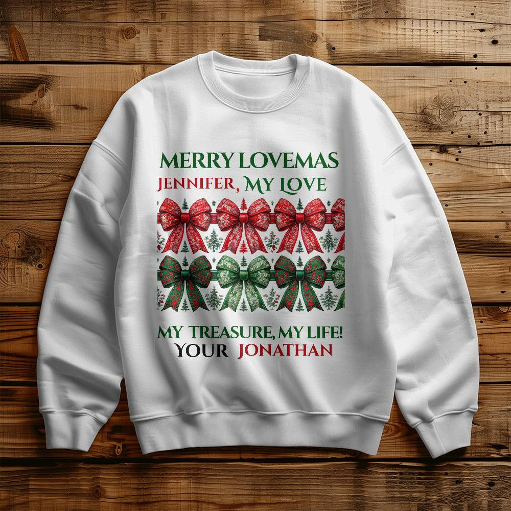 Personalized Christmas sweatshirt for wife toile coquette custom names white crewneck bow shirt for girlfriend cute winter sweater love gift