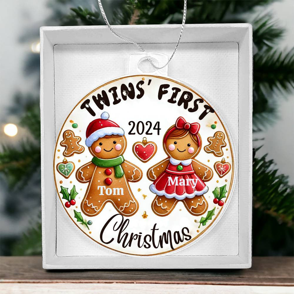 Custom Ornament For Twin Girl Boy First Christmas Babies Custom Son Daughter Names Year Holiday Keepsake Family Gingerbread Tree Acrylic