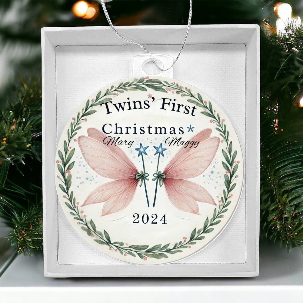 Twin Girls First Christmas Ornament Custom Gift For Newborn Babies Personalized Names Year Magic Wand Acrylic Tree Decor Family Keepsake