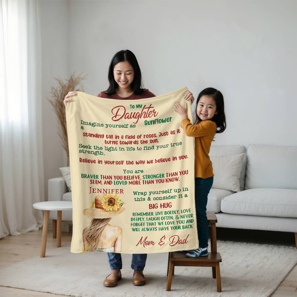 A Sunflower Letter to Daughter from Mom andDad Sherpa or  Fleece Blanket (3:4)