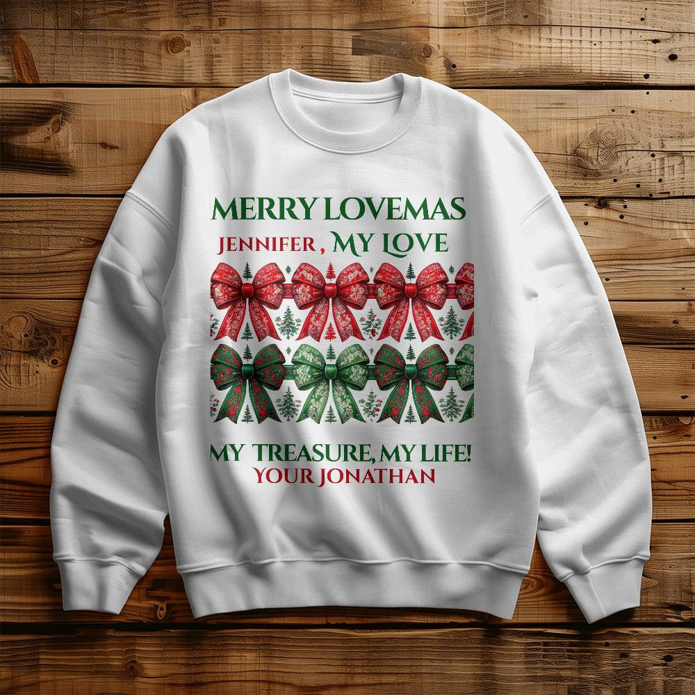 Personalized Christmas sweatshirt for wife funny coquette custom names white crewneck bow shirt for girlfriend cute winter sweater love gift