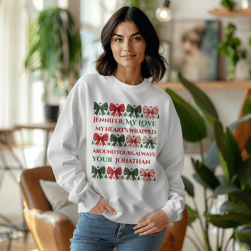 Personalized Christmas sweatshirt for wife funny coquette custom names white crewneck bow shirt for girlfriend cute winter sweater love gift