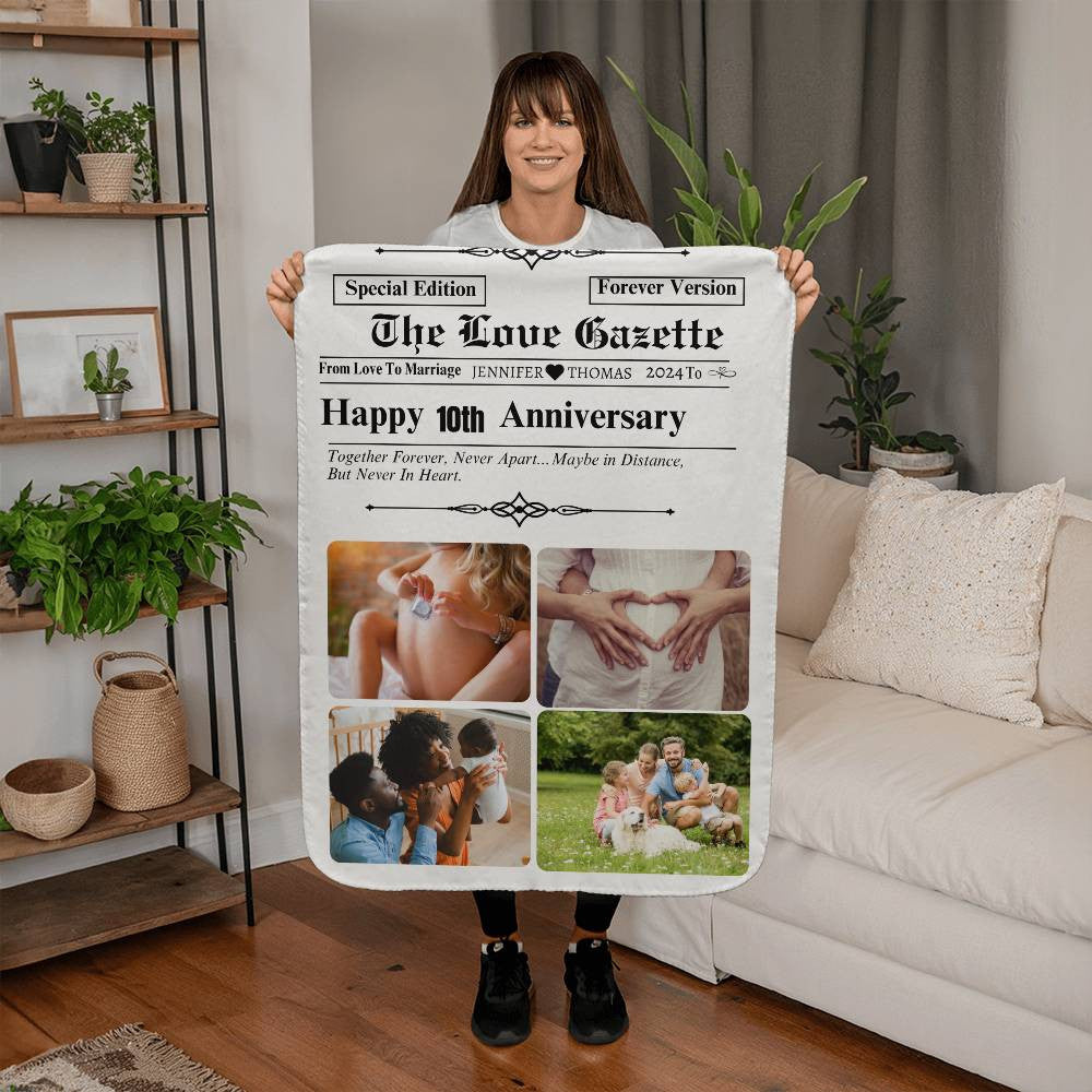 A Newspaper Personalized Anniversary Love Blanket, Choose from Sherpa or Fleece Type