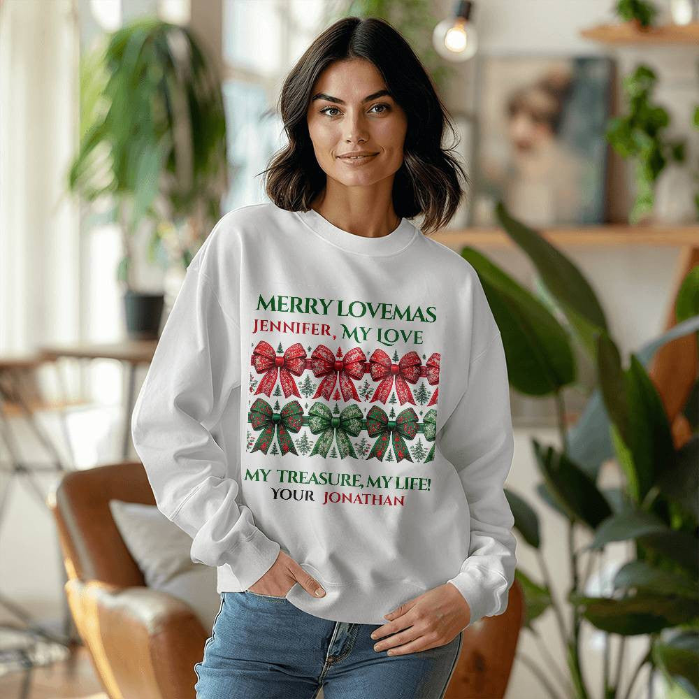 Personalized Christmas sweatshirt for wife toile coquette custom names white crewneck bow shirt for girlfriend cute winter sweater love gift