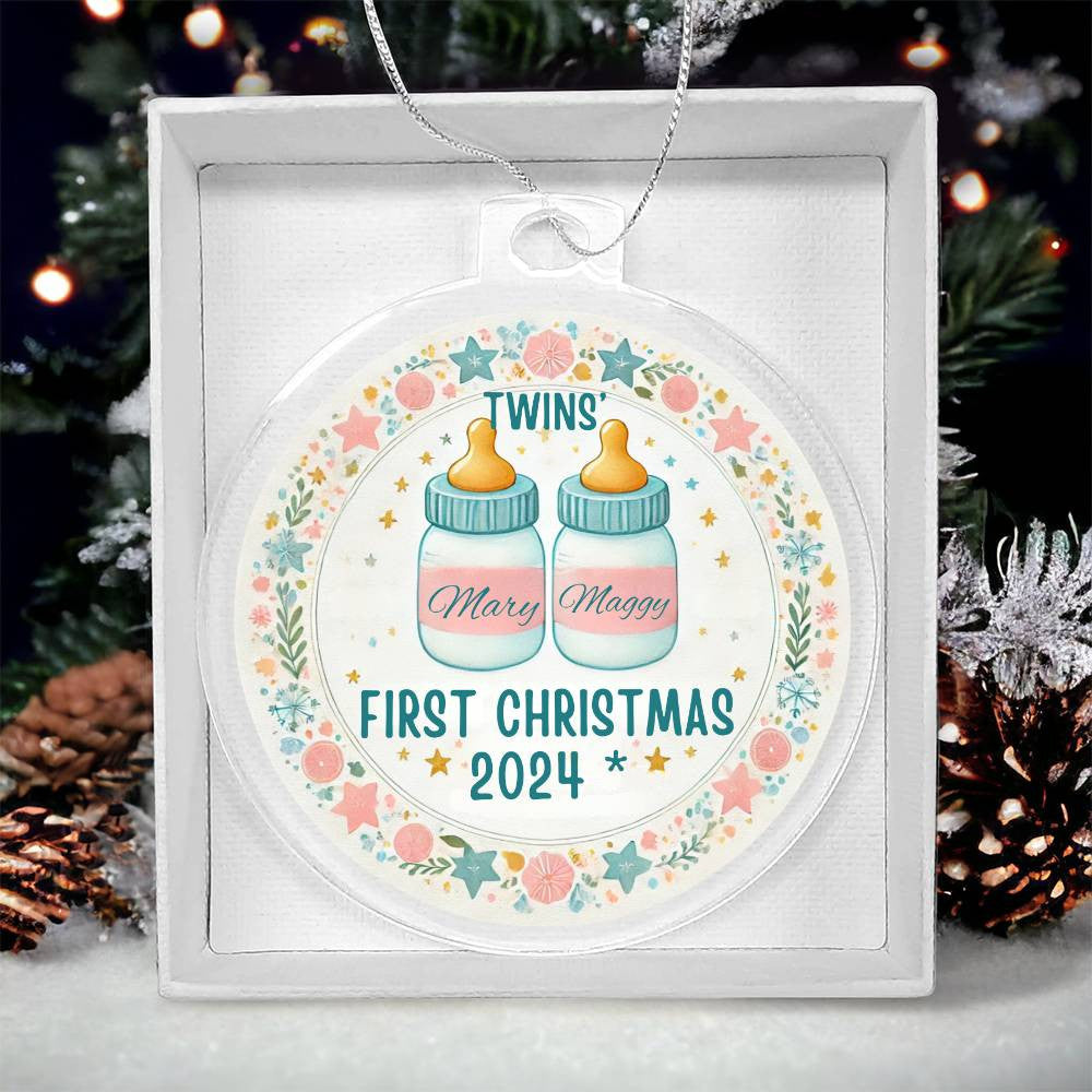 Custom Ornament For Twin Girls First Christmas PersonalizedDaughters Names Year Bottles Tree Decor Keepsake Family Celebration Twins Gift