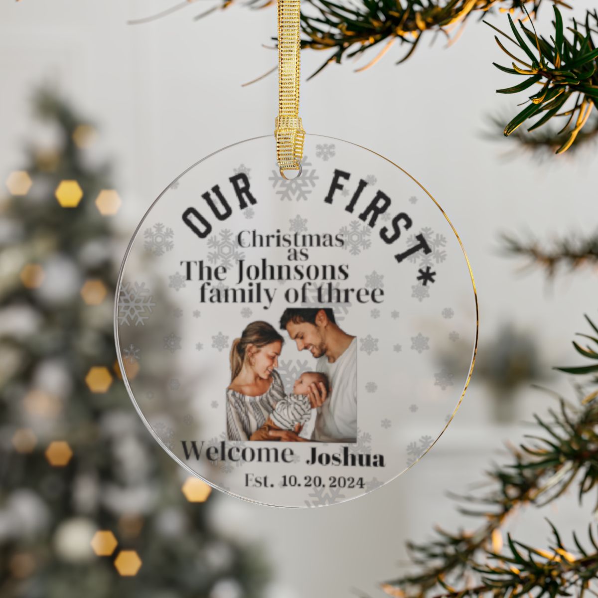 First Christmas As A Family Of Three Personalized Ornament With Parents Babys Photo Custom Keepsake New Family Tree Decor Acrylic Gift