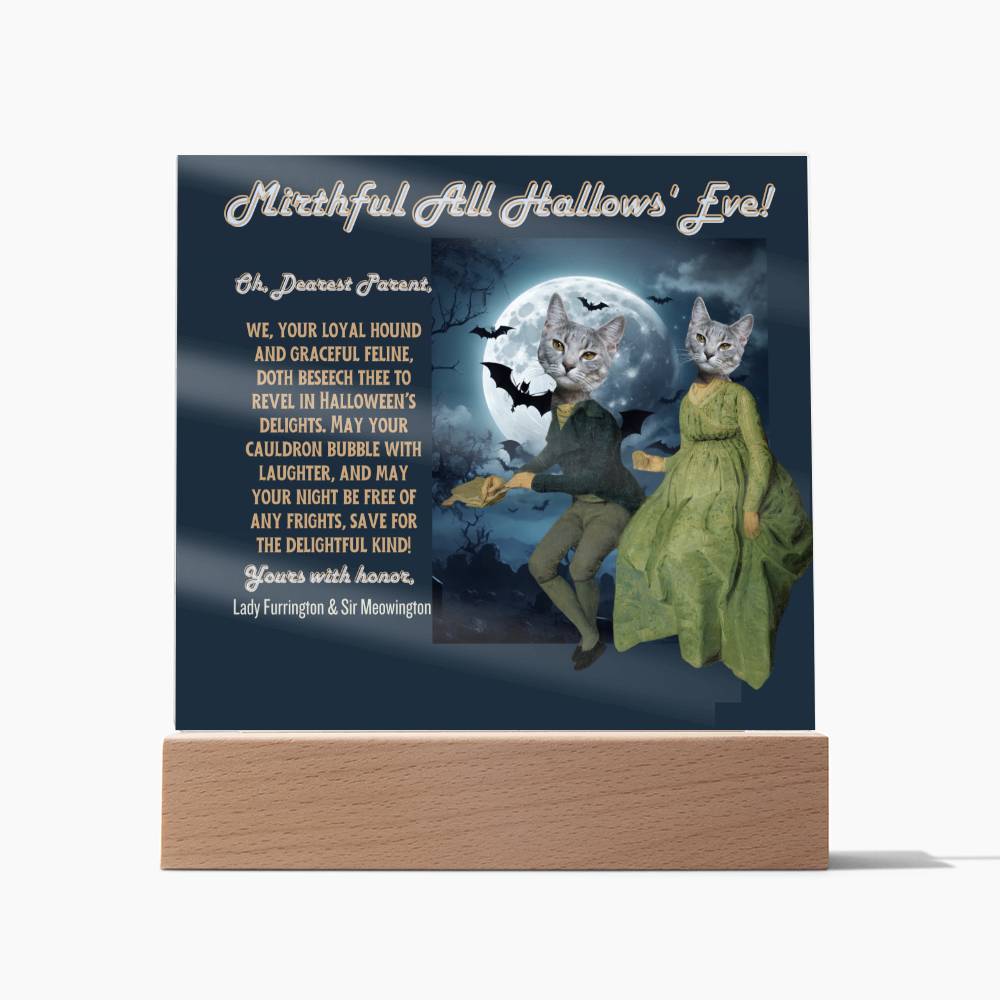 2 cat acrylic plaque portrait for cat mom dad from husband children. Funny, heartfelt, in old English, Halloween wishes from female male cat.