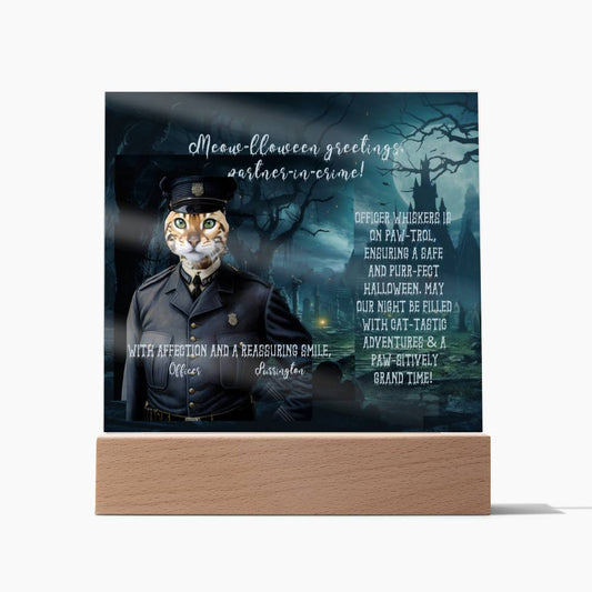 Personalized Halloween Acrylic Plaque for a Cat Mom, a Portrait of Your Cat Dressed Up as a Policeman with Customizable face. Funny and Sentimental Gift from a Husband, Children and Cat, a Table Home Décor Lamp.