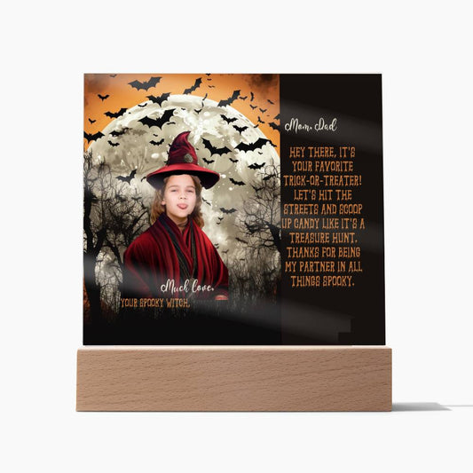 Personalized Halloween Acrylic Plaque for Mom, a Portrait of a Dressed Up in a Witch Costume Daughter with Both Funny and Sentimental Mirthful All Hallows' Eve Wishes . A  Table Home Décor Lamp, Gift from Husband and or Children