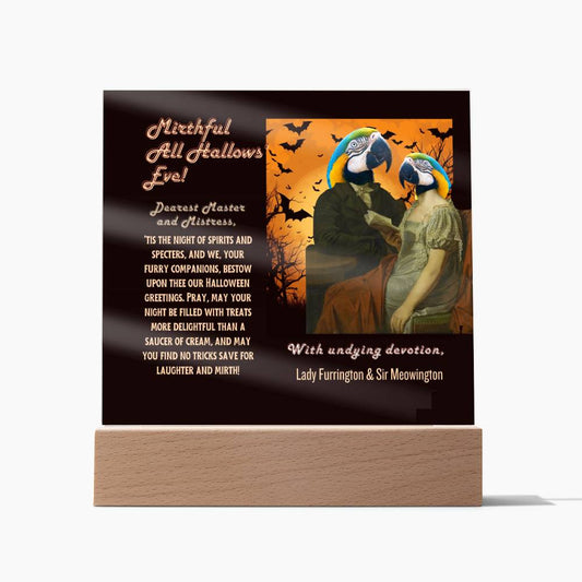 pet acrylic plaque portrait for parrot mom dad from husband children. Funny, heartfelt, in old English, Halloween wishes from female male parrots.Two