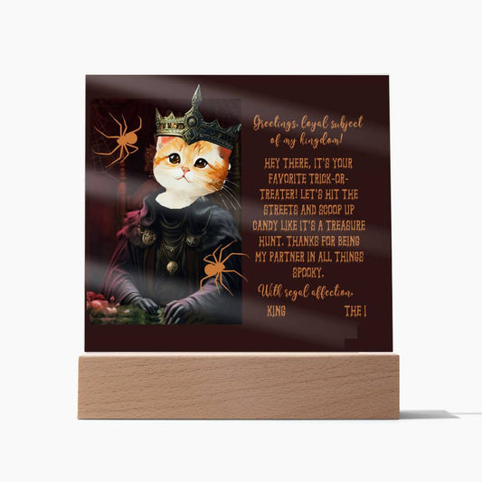 Personalized Halloween Acrylic Plaque for a cat Mom, a Portrait of Your Cat Dressed Up as a King with Customizable face. Funny and Sentimental Gift from a Husband, Children and Cat, a Table Home Décor Lamp.