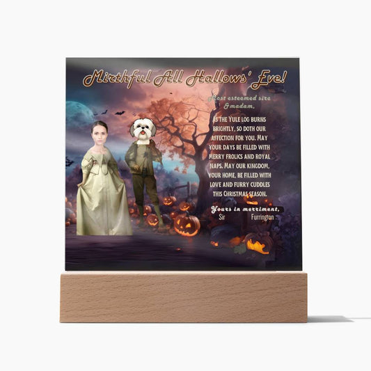 Personalized Halloween Acrylic Plaque for a Dog Mom with a Portrait of a Dressed Up in Early XX Century Costume with Customizable Dog and Mom faces. Funny and Sentimental Halloween Wishes . A Table Home Décor Lamp, Gift from Husband and or Children.