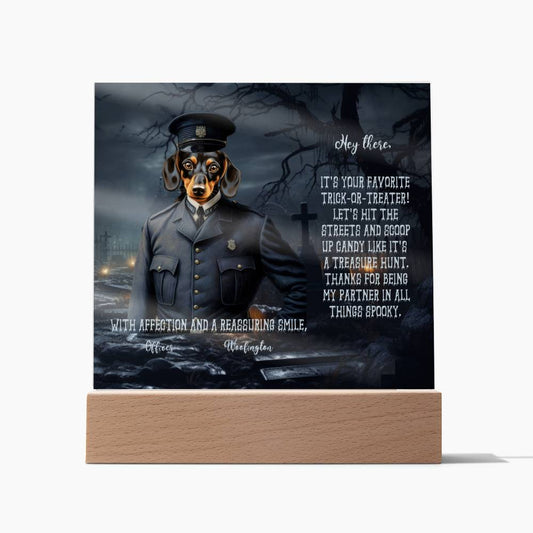 Personalized Halloween Acrylic Plaque for a Dog Mom, a Portrait of Your Dog Dressed Up as a Policeman with Customizable face. Funny and Sentimental Gift from a Husband, Children and Dog, a Table Home Décor Lamp.